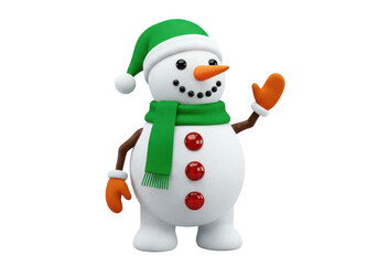 Isolated Snowman Waving with Green Hat and Scarf, Winter Holiday Scene, Smiling and Cheerful