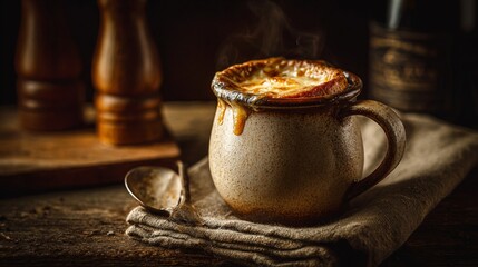 A steaming mug of rich soup rests on a wooden table, surrounded by a spoon and a pepper grinder. The inviting setting captures a warm, homey atmosphere perfect for cold days.