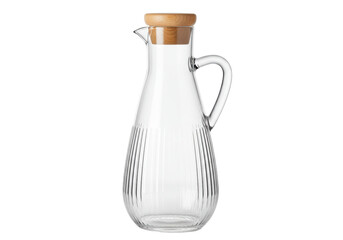 Isolated elegant clear glass pitcher with natural wood stopper for serving drinks