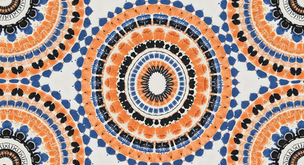 Fototapeta premium Seamless mandala pattern in orange blue and black watercolor style