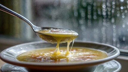 A bowl of hot soup sits on a table as a spoon lifts a portion, revealing melting cheese. Rain falls outside, creating a cozy atmosphere indoors.