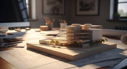 Architectural model on desk with blueprints, professional design concept