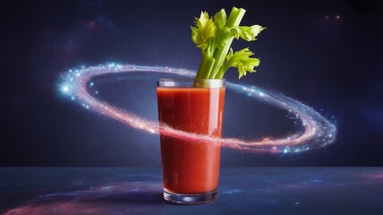 A glass filled with a vibrant red drink features a crisp celery stalk. The drink is surrounded by a mesmerizing cosmic swirl, creating a unique and dreamy setting.