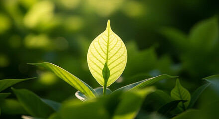 Fototapeta premium Vibrant green leaf backlit by warm sunlight, symbolizing growth and nature