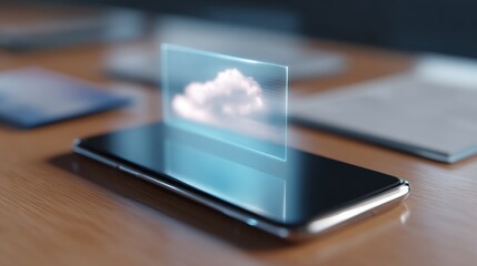 smartphone on sleek desk, holographic notifications floating above, digital cloud interface, cutting-edge mobile technology concept