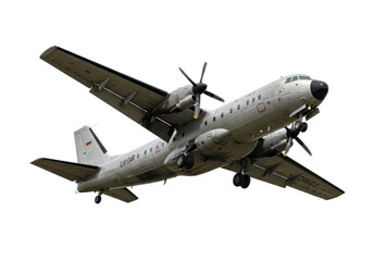 Isolated Antonov aircraft in flight, a turboprop military transport plane with propellers