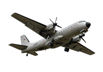 Isolated Antonov aircraft in flight, a turboprop military transport plane with propellers