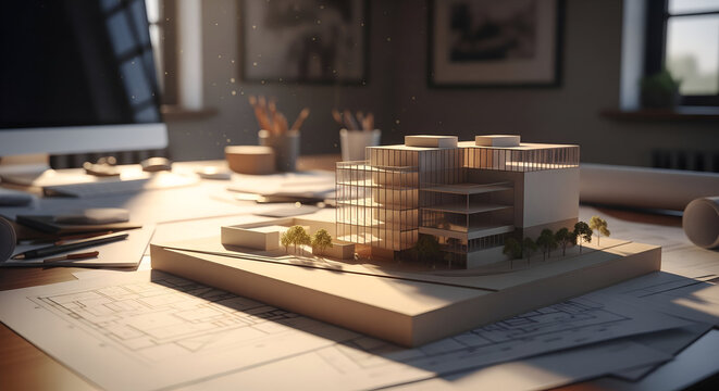 Architectural model on desk with blueprints, professional design concept