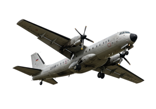 Isolated Antonov aircraft in flight, a turboprop military transport plane with propellers - Powered by Adobe