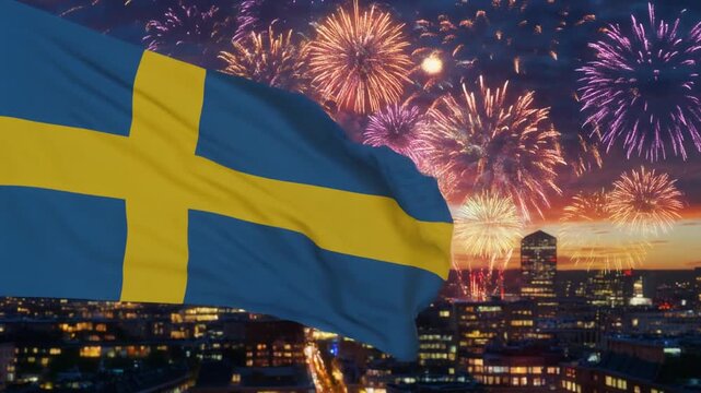 Swedish flag independence day with yellow cross waving over city skyline at night, fireworks bursting in sky to celebrate national pride. - Powered by Adobe