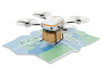 Isolated drone transporting package flies over map of area, futuristic delivery system concept