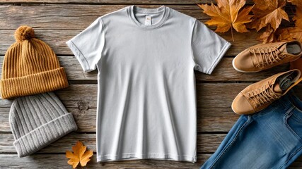 A plain grey t-shirt rests on a wooden surface alongside autumn leaves and casual shoes, showcasing a simple, stylish look for fall