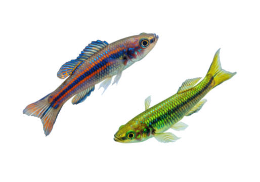 Isolated beautiful dwarf fish pair, colorful fins, eyes, scaled skin patterns, freshwater pets