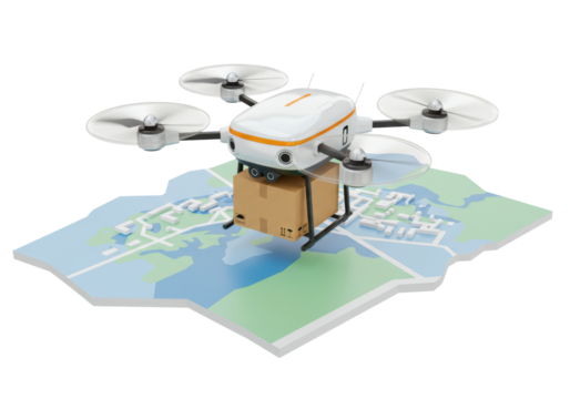Isolated drone transporting package flies over map of area, futuristic delivery system concept - Powered by Adobe