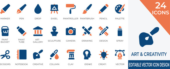 Clean and modern solid icon set representing art, creativity, and design concepts. Perfect for apps, websites, and presentations focusing on artistic tools and creative ideas. © Nagma