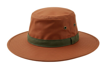 Isolated brown bush hat with green ribbon for hiking and hunting in neutral studio lighting