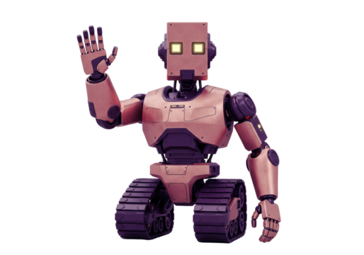 Isolated friendly futuristic robot waving hello, metal construction, humanoid, machinery, design