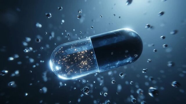 Floating capsule in water creates a visual spectacle of bubbles and shimmering particles