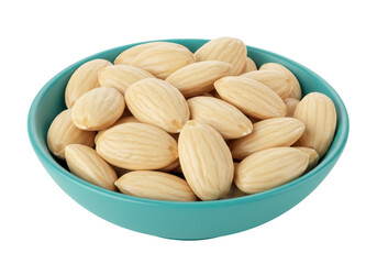 Isolated peeled almonds in teal bowl are a healthy snack, food photography, and nutrition