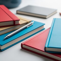 Notebooks rest with pen on surface in a bright workspace