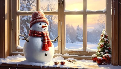 Obraz premium Winter Wonderland View From Cozy Window With Snowman