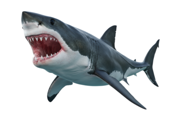 Isolated menacing great white shark swimming, teeth bared in an aggressive display underwater