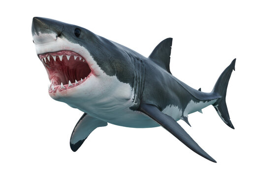 Isolated menacing great white shark swimming, teeth bared in an aggressive display underwater