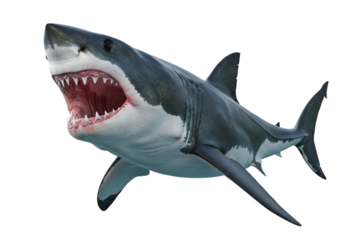 Isolated menacing great white shark swimming, teeth bared in an aggressive display underwater