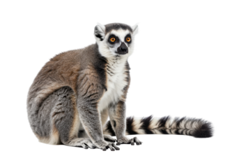 Isolated ring tailed lemur portrait – distinctive black and white banded tail, curious primate