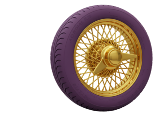 Isolated purple motorcycle tire with gold spoke rim, side view with tread, shiny and detailed