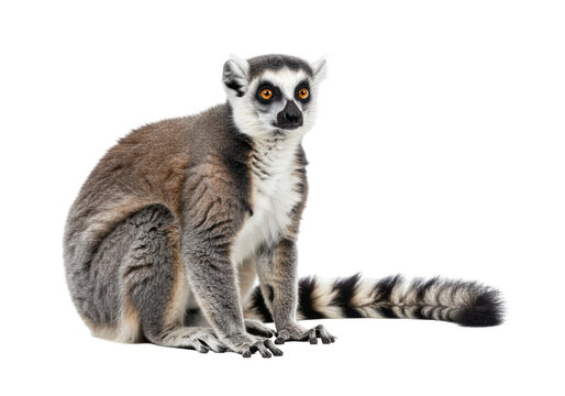 Isolated ring tailed lemur portrait &ndash; distinctive black and white banded tail, curious primate