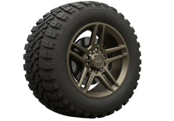 Isolated rugged off-road mud tire on a bronze rim, angled view, ready for adventure