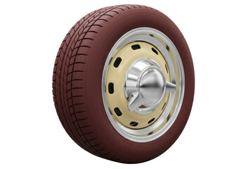 Isolated Maroon vintage car tire and wheel with hubcap perfect for automotive themes