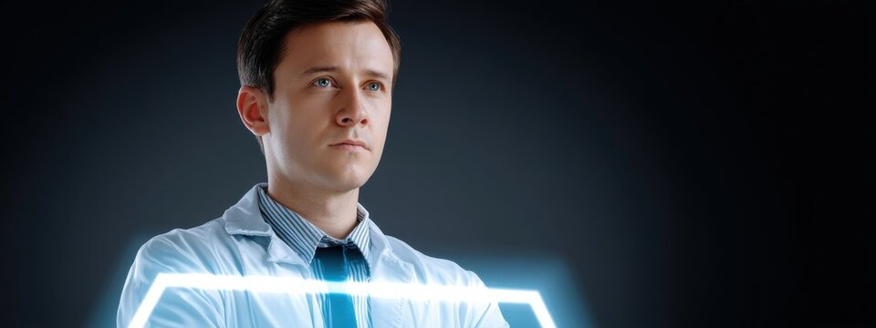 Young Male Scientist in Lab Coat with Futuristic Technology Display