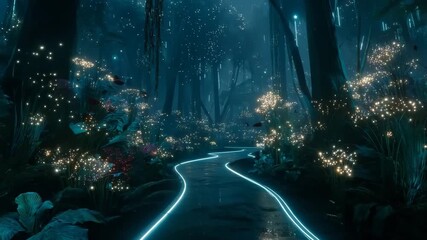 Explore a glowing forest trail with shimmering lights and vibrant flora at night - Powered by Adobe