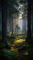 Obraz premium 神秘的な光が差し込む深い森の風景。自然や癒しのイメージに最適な森林写真。