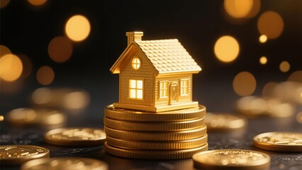 Golden house model placed on stacked coins with bokeh background