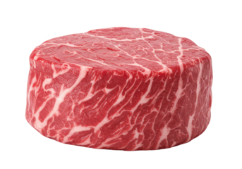 Isolated round cut of beef, raw marbled meat ready for grilling and searing food prep