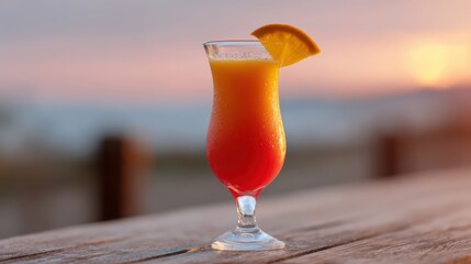 tropical cocktail on wooden table, beach background, sunset reflection