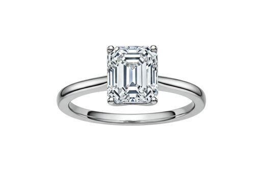 Isolated Emerald cut diamond engagement ring in silver setting on seamless backdrop