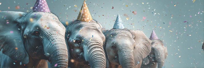 A line of elephants wearing colorful party hats celebrate joyfully together.