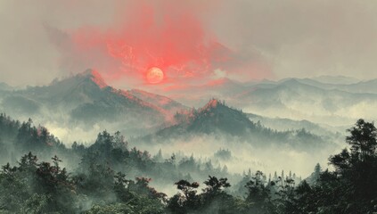 Misty mountain range at dawn with a large, red sun partially obscured by clouds. Rolling hills shrouded in fog, dark evergreen trees dot the landscape