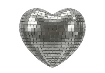 Isolated mirror ball heart reflecting light, Valentine's Day design concept, shiny surface