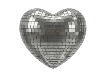 Isolated mirror ball heart reflecting light, Valentine's Day design concept, shiny surface