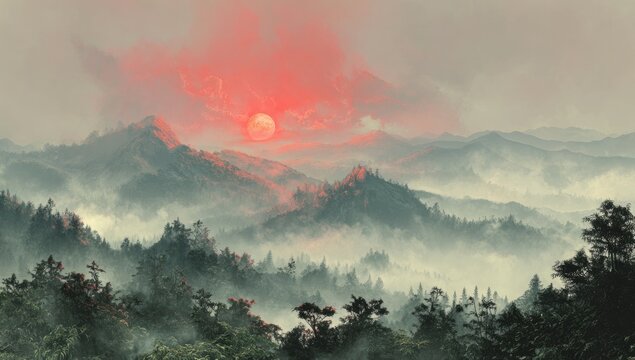 Misty mountain range at dawn with a large, red sun partially obscured by clouds.  Rolling hills shrouded in fog, dark evergreen trees dot the landscape