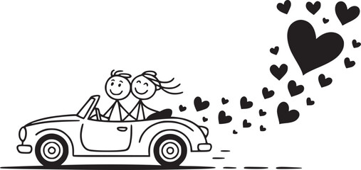 Obraz premium Love on the Road: a playful illustration of a couple driving a convertible car, with hearts.