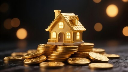 Golden house model placed on a pile of coins with glowing windows and bokeh background