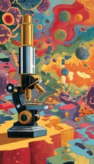 A vintage brass microscope rests on a vibrant, abstract depiction of cellular structures and microorganisms, suggesting scientific exploration of the unseen world