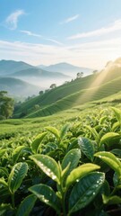 Sunlit tea plantation with lush green hills and misty mountains in the background