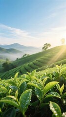 Sunrise over terraced tea plantations with misty mountains in the background